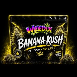 Fleur CBD Banana Kush WEEDIX en sachet premium noir avec design jaune et logo couleur