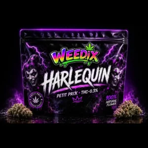 Fleur CBD Harlequin WEEDIX en sachet premium noir avec design violet et logo couleur