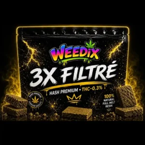 Résine CBD 3X Filtré WEEDIX en sachet premium noir avec design jaune et logo couleur