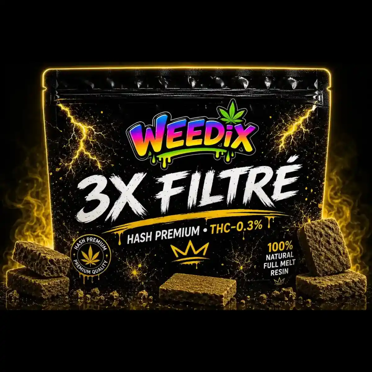 Résine CBD 3X Filtré WEEDIX en sachet premium noir avec design jaune et logo couleur