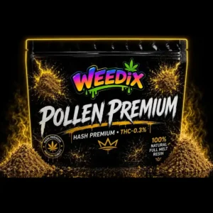 Résine CBD Pollen Premium WEEDIX en sachet premium noir avec design jaune et logo couleur