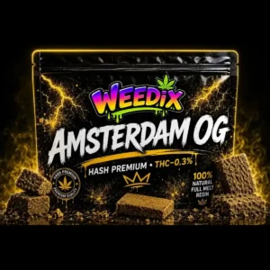 Résine CBD premium Amsterdam OG WEEDIX en sachet noir avec logo couleur et texture hash premium