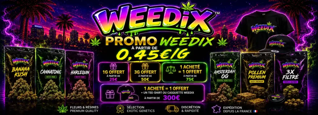 Bannière promotionnelle Weedix CBD avec offres 1 acheté 1 offert, fleurs CBD, résines CBD et goodies Weedix