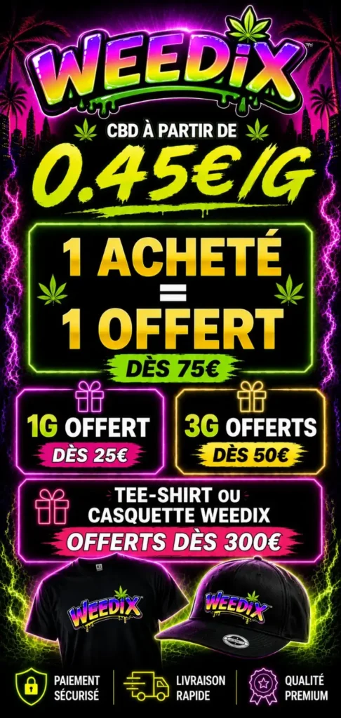 Affiche promotionnelle Weedix CBD avec offre 1 acheté 1 offert dès 75€, 1g offert dès 25€ et goodies offerts dès 300€.