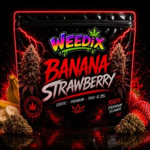 Fleur CBD Premium Banana Strawberry WEEDIX en sachet noir avec design rouge et logo couleur
